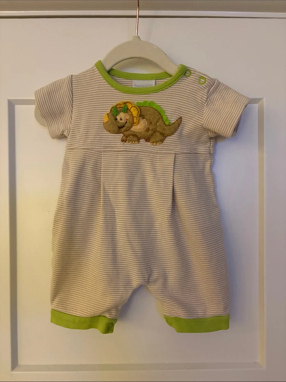 Squiggles by Charlie Striped Baby Romper with Dinosaur Applique 0-3 Months